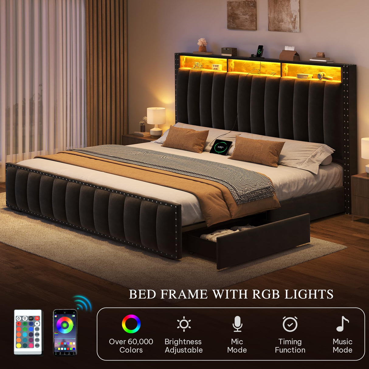 DWVO King Size Bed Frame with 4 Storage Drawers and RGB LED Lights, Velvet Upholstered Platform Bed with Charging Station and Bookcase Storage Headboard, No Box Spring Needed, Easy Assembly, Black DWVO