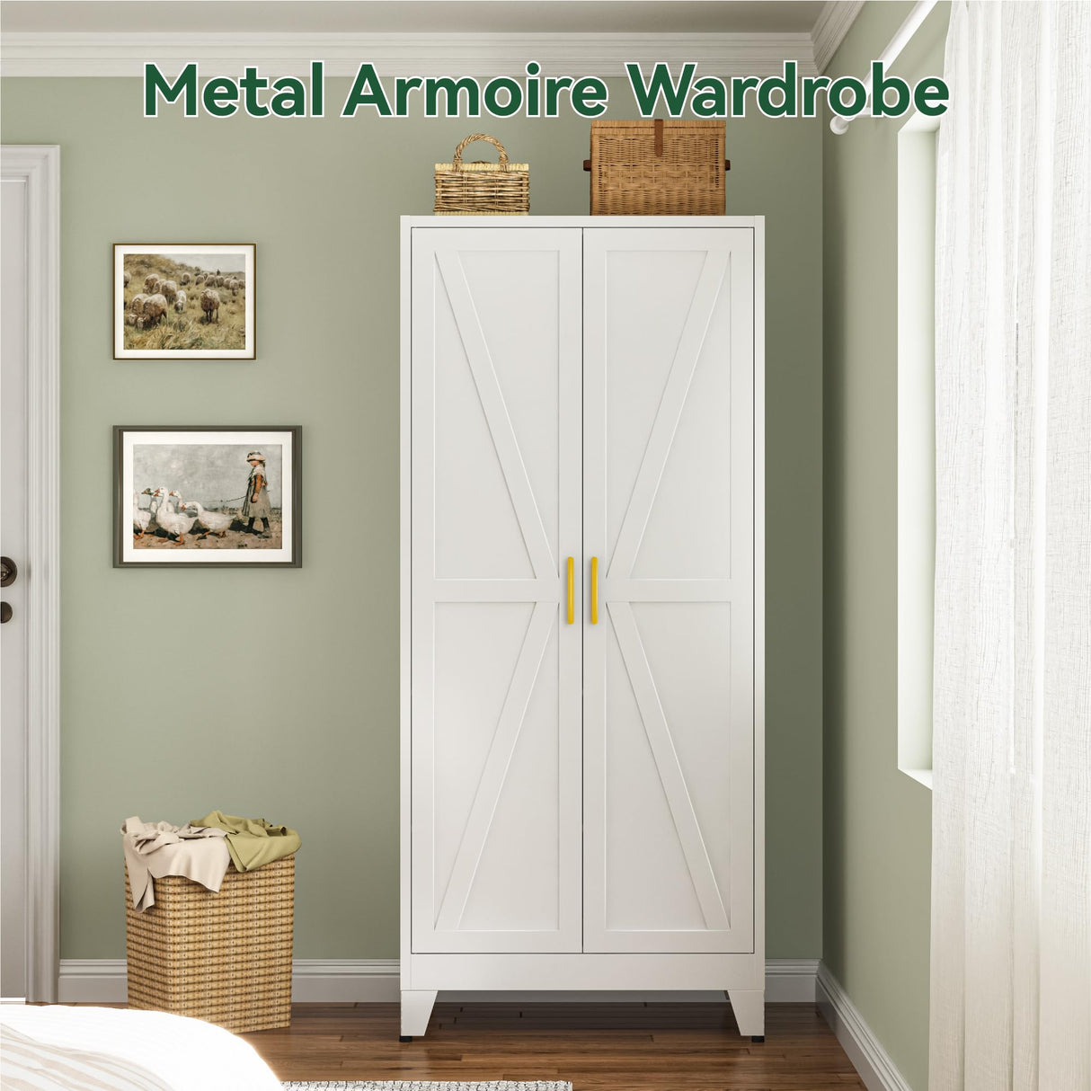 Metal Wardrobe Closet with Doors and Shelves, 71" Farmhouse Bedroom Armoire with Hanger Rod and Clothing Shelf, White Steel Wardrobe Cabinet Storage Clothes Closet Bevivog