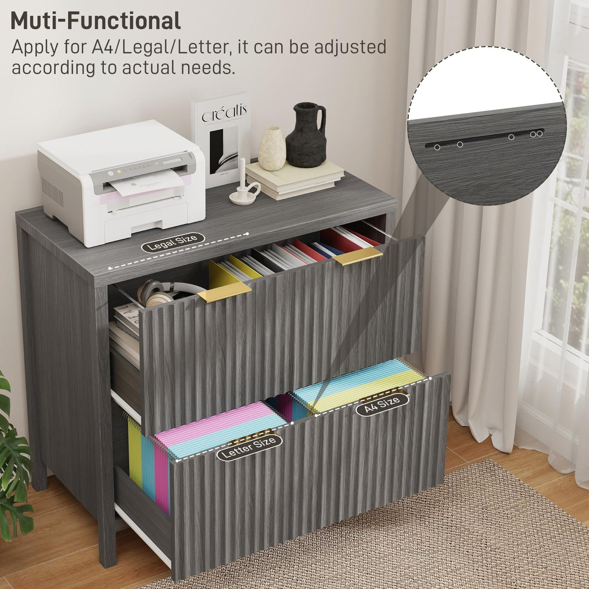 2 Drawer File Cabinet, Printer Stand Lateral Filing Cabinets for Hanging Letter/A4/Legal Size Files Fluted Wood Storage Cabinet for Home Office and School Halitaa