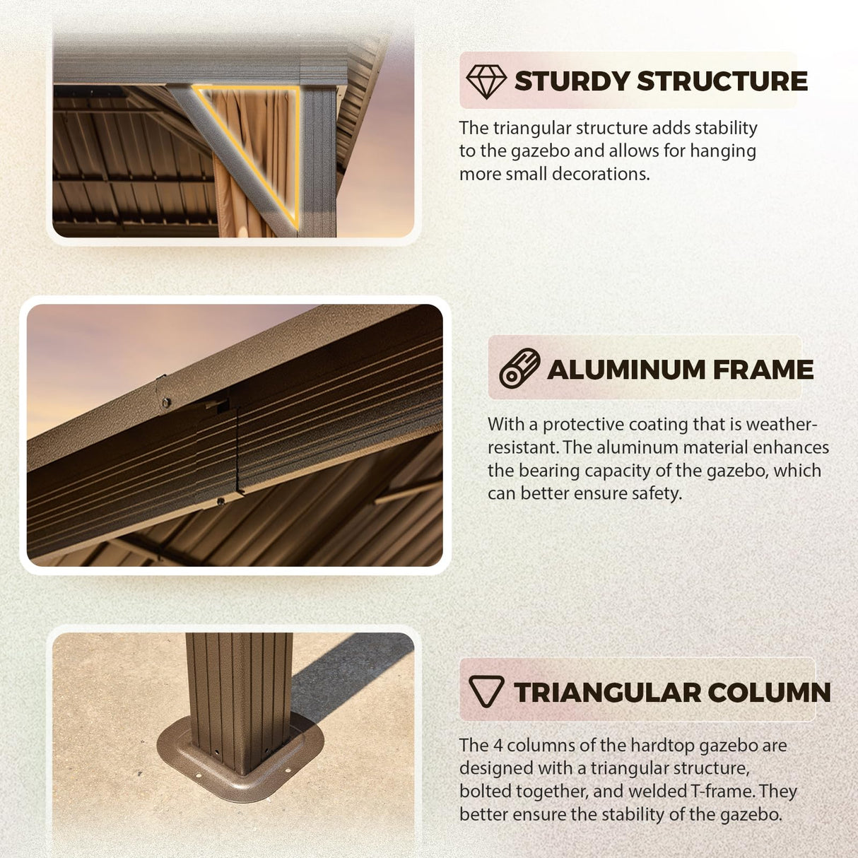 YOLENY 12' x 14' Gazebo Hardtop with Aluminum Frame,Galvanized Steel Double Roof Gazebos with Curtain and Netting,Outdoor Metal Pergolas for Garden, Lawn, Deck, Brown YOLENY