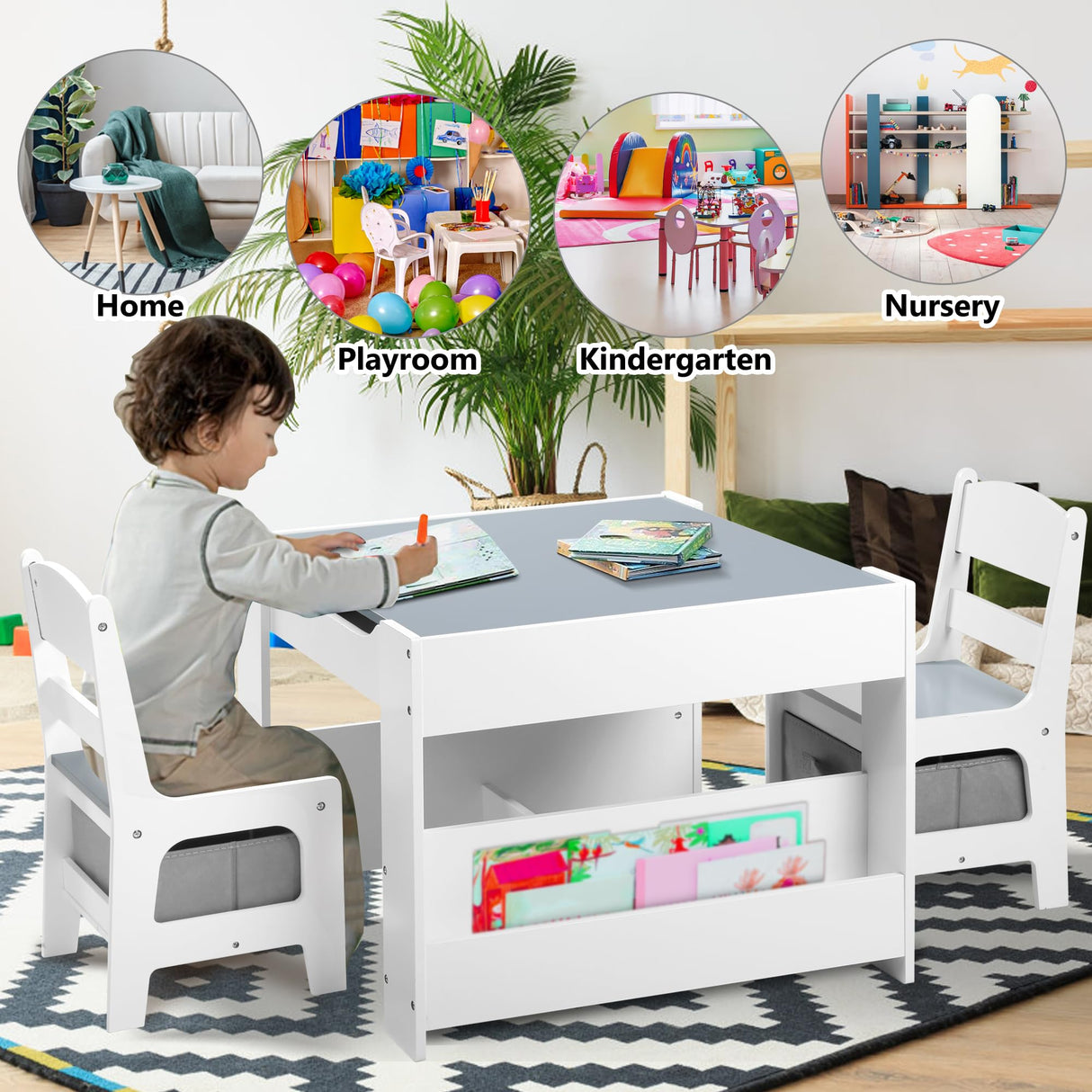 Kinder King Kids Wood Table & 2 Chairs Set, 4 in 1 Children Activity Table w/Double Bookcase, Blackboard, Toddler Furniture Set for Art, Crafts, Drawing, Reading, Playroom, Grey Kinder King