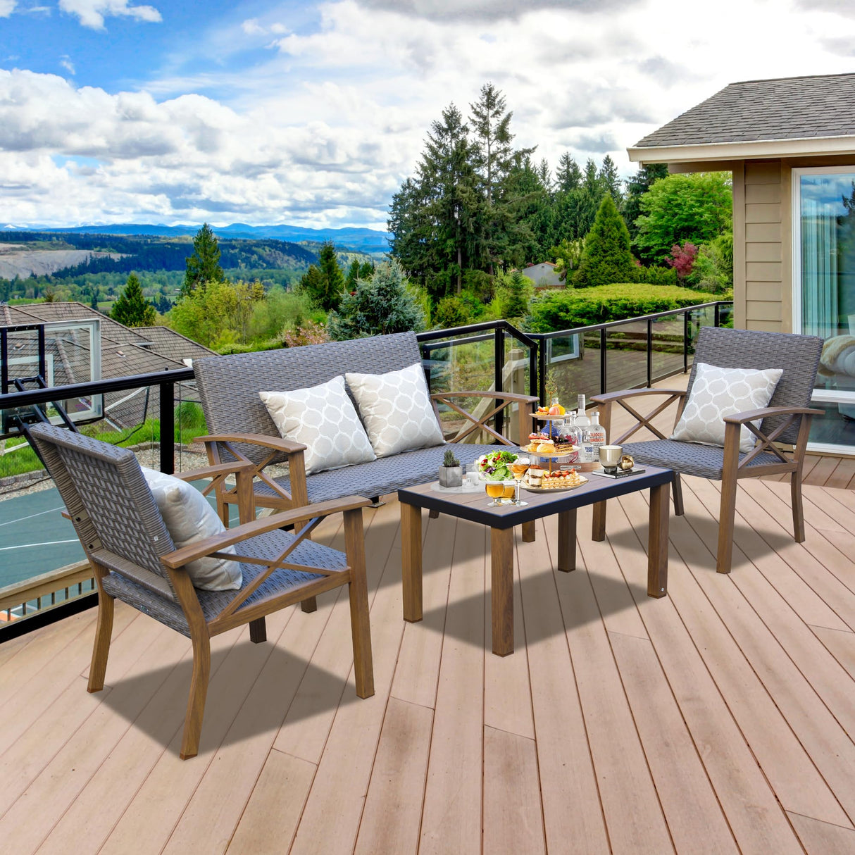 Domi Aluminum Patio Furniture Set, 4-Piece Modern Conversation Set with Cotton Padding Backrests and Seats, Outdoor Sectional Metal Sofa Set with 5.5 Inch Cushion and Coffee Table for Balcony, Garden domi outdoor living