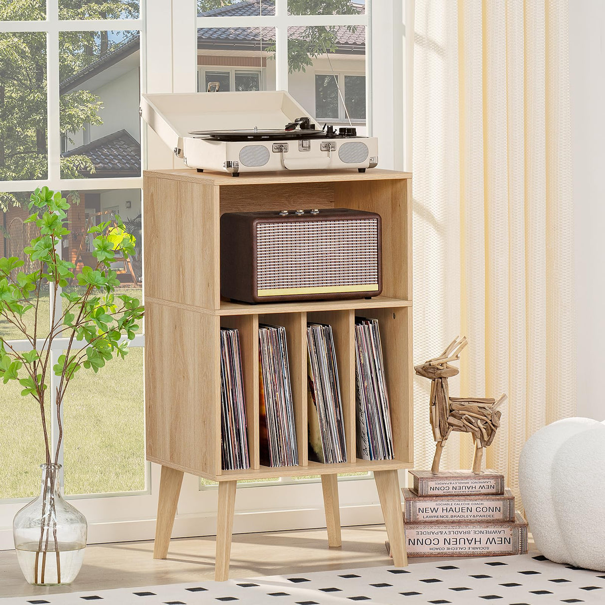 Lerliuo Record Player Stand, Burlywood Turntable Stand Holds up to 160 Albums, Mid-Century Vinyl Storage Cabinet Table with Solid Wood Legs, Record Player Holder Dispaly Shelf for Bedroom Living Room Lerliuo
