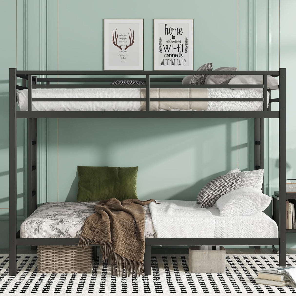 Queen Over Queen Bunk Beds for Adults,Heavy Duty Adult Bunk Beds,Metal Bunk Bed Queen Over Queen with 2 Ladders,Queen Size Bunk Bed, Noise-Free,Black Bellemave