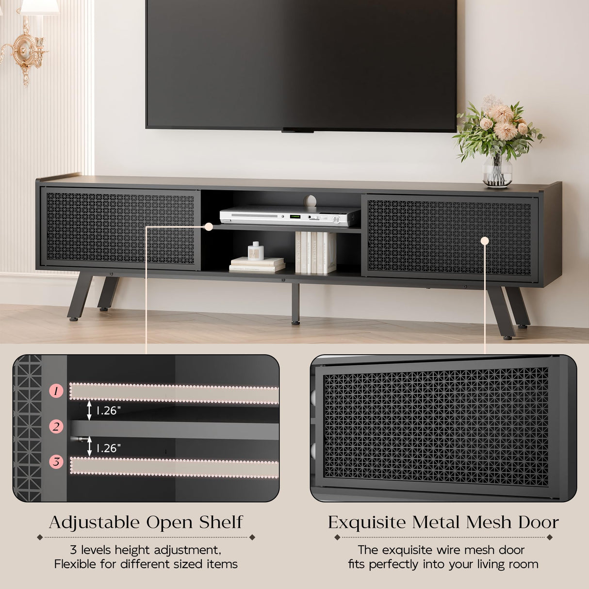 Buytime Black TV Stand for 65 70 Inch TV, Modern Iron Rattan TV Console with Sliding Door, Entertainment Center with Storage and Adjustable Shelves, Media Console for Living Room and Bedroom Buytime