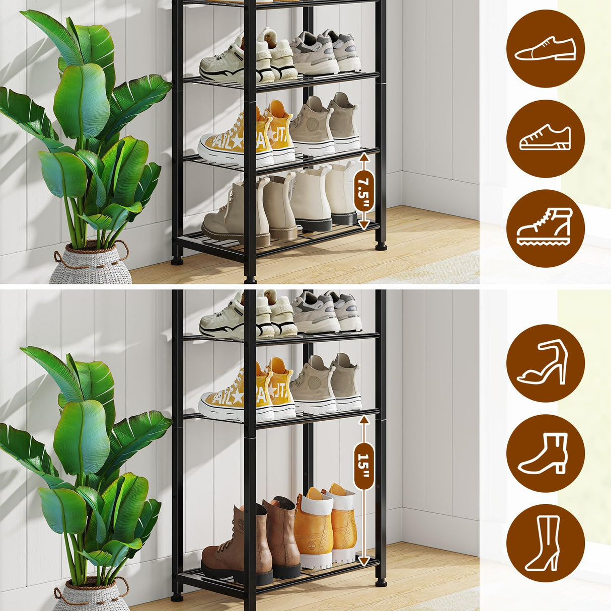 Simple Trending 8 Tiers Shoe Rack 16 Pairs Tall Wooden Plank Shoe Shelf with Hooks for Closet Entryway Organizer Sturdy Free Standing Shoe Storage Cabinet,Black Simple Trending