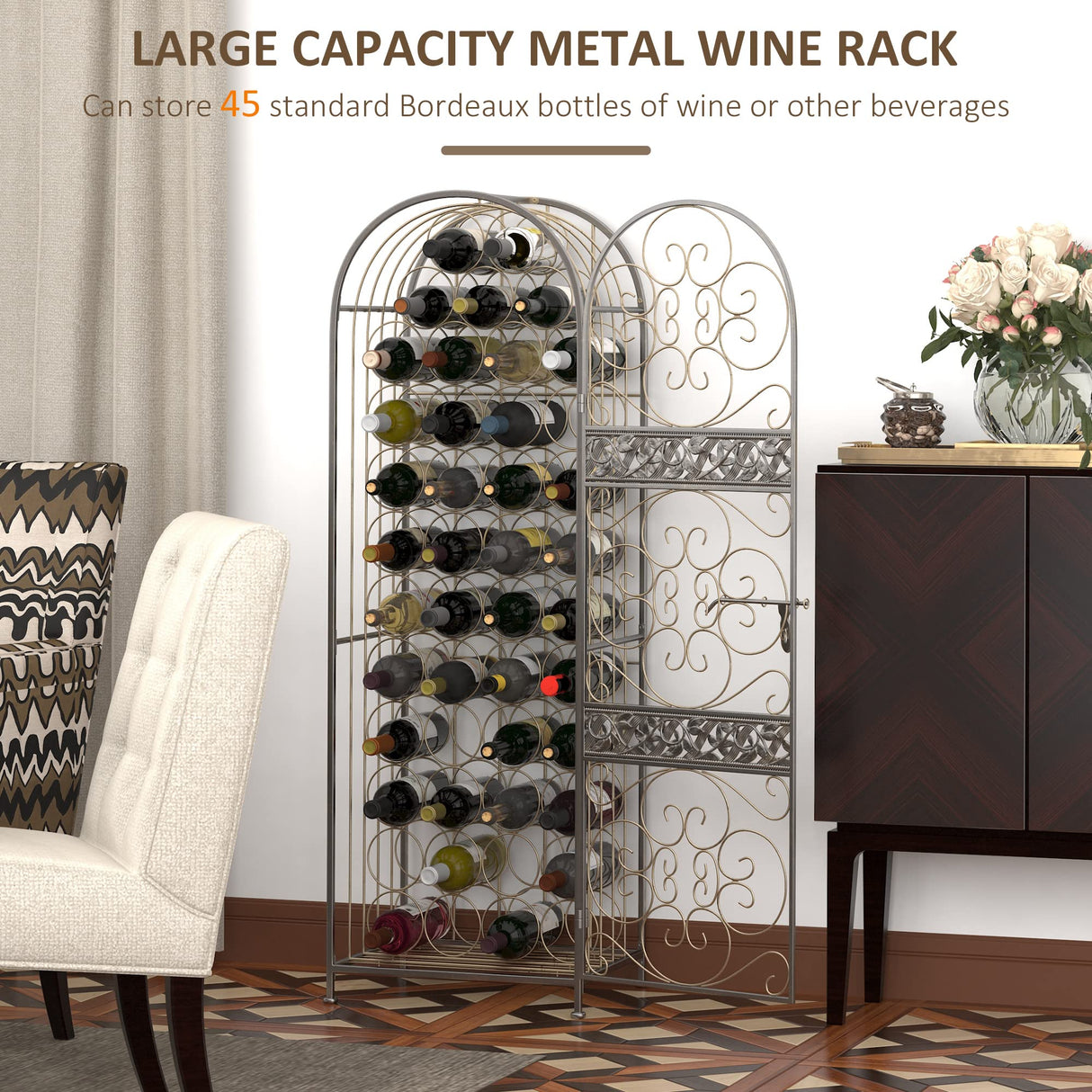 HOMCOM 45 Bottle Wrought Iron Wine Rack Jail with Lock - Antique Bronze HOMCOM