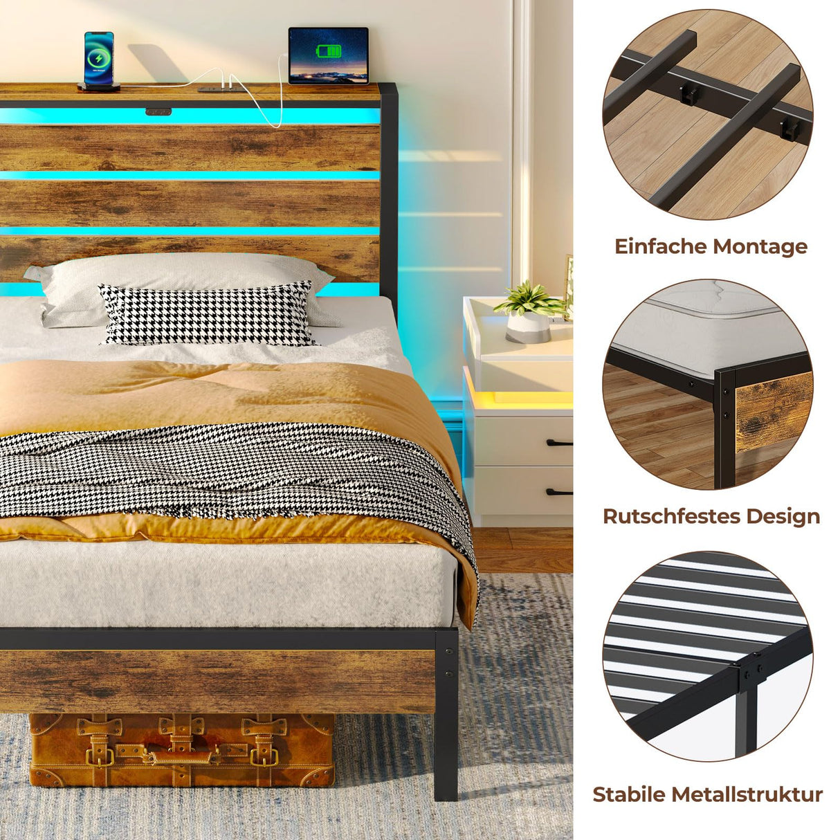 Rolanstar Bed Frame Twin Size with USB Charging Station, LED Bed Frame with Wood Storage Headboard, Rustic Brown Metal Platform Bed with Under Bed Storage, No Box Spring Needed, Noise Free Rolanstar