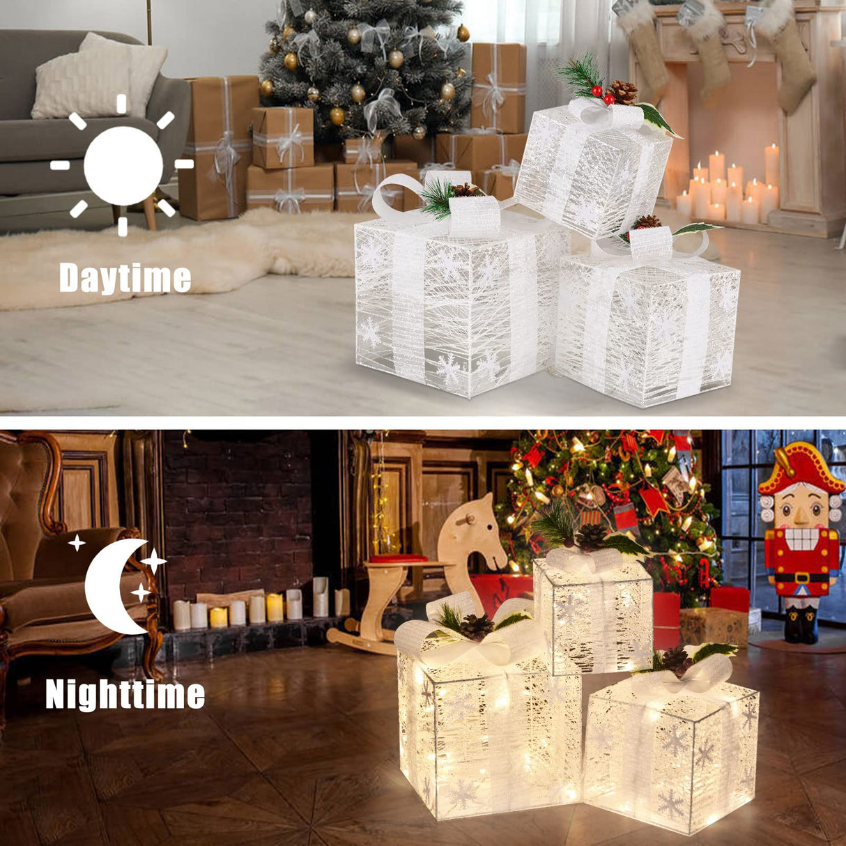 Bstge Christmas Lighted Gift Boxes, Set of 3 Christmas Decorations for Home, Light up Christmas Ornaments, Warm White LED with Bows for Indoor Party Holiday, Christmas Decor(Snow) Bstge