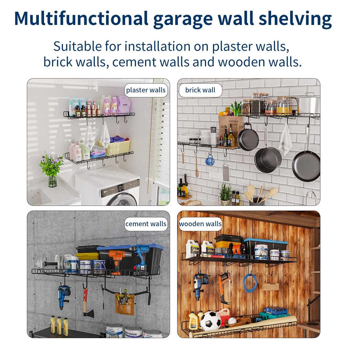 4 Pack Garage Wall Shelf, Wall Mounted Storage Shelves, Heavy Duty Metal Shelves for Room Wall, Loads 260 LBS Floating Shelves Mesh Storage Rack for Garage, Office, Basement,Wall Cabinet and Kitchen Riciakik