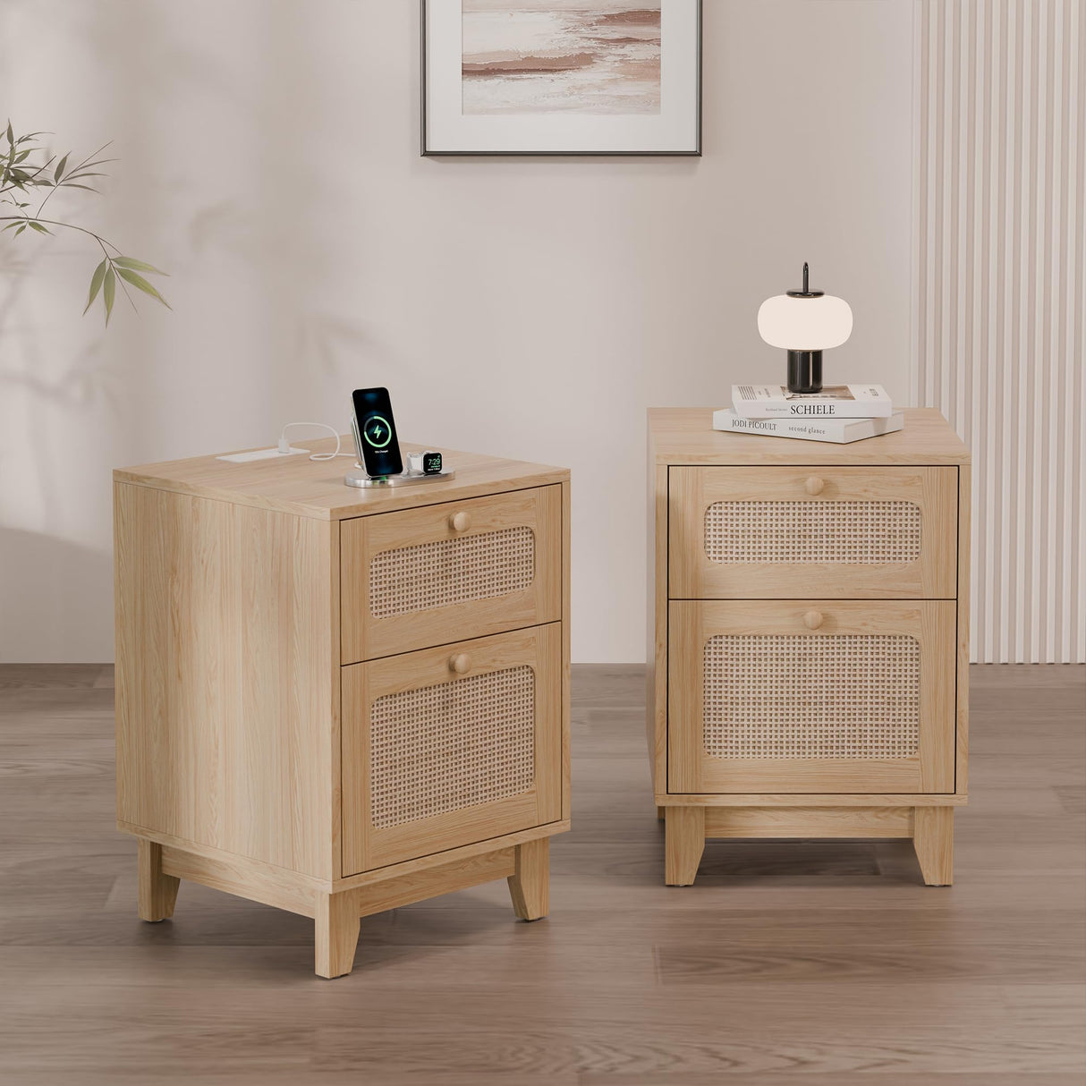 Modern Rattan Nightstand Set of 2, Wicker Rattan Stand with Drawer and Charge Station, Wooden Bedside Table for Small Spaces, Natural Wood Side Table for Bedroom (with Charging Station, 2) Redpick