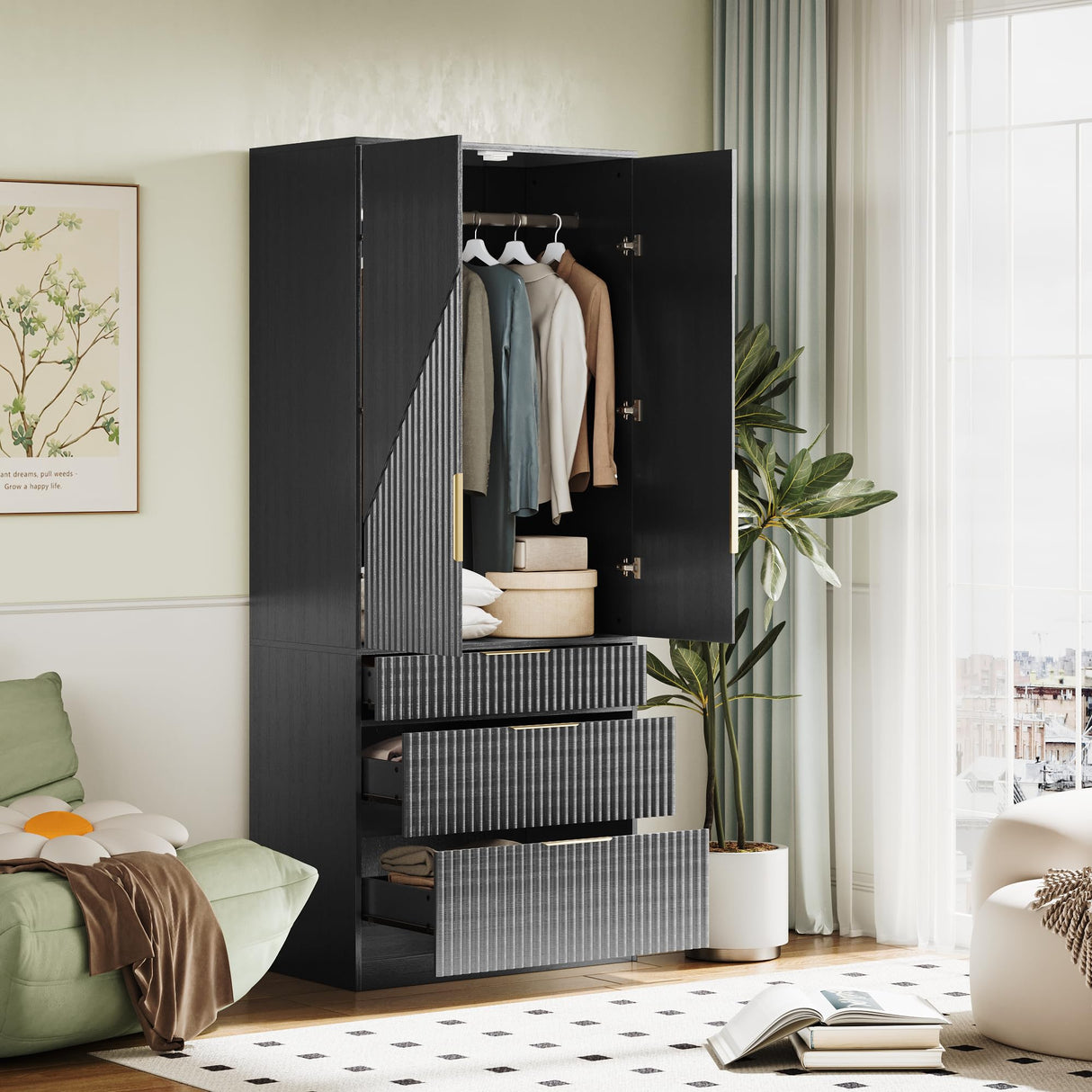 71.7" Wardrobe Armoire Wooden Closet with 2 Doors and 3 Drawers, Bedroom Armoire with Hanging Rod Shelf, Large Capacity Storage Wardrobe Armoire, Freestanding Wooden Closet Storage Cabinet Black TOKSOM