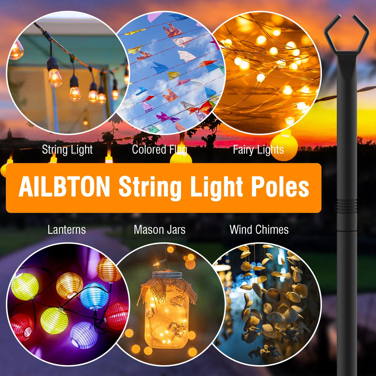 AILBTON 2 Pack 10Ft String Light Poles for Outdoor String Lights, Metal Fork Poles Stand for Patio, Backyard, Deck AILBTON