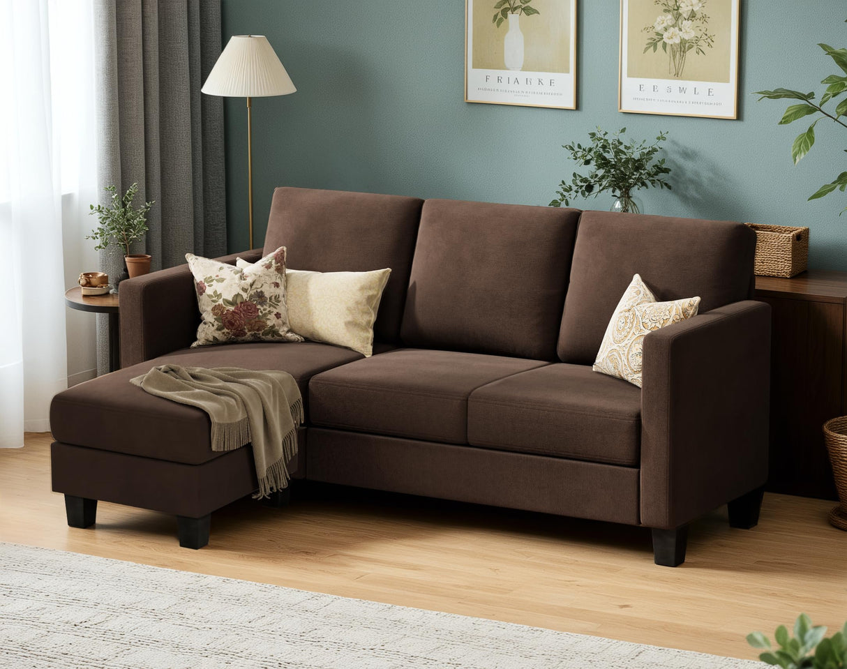 VICTONE Sectional Sofa Couch, 3 seat L-Shaped Small Sofa with Movable Ottoman Couch for Small Apartments, Living Rooms and Offices (Linen Fabric, Light Brown) VICTONE