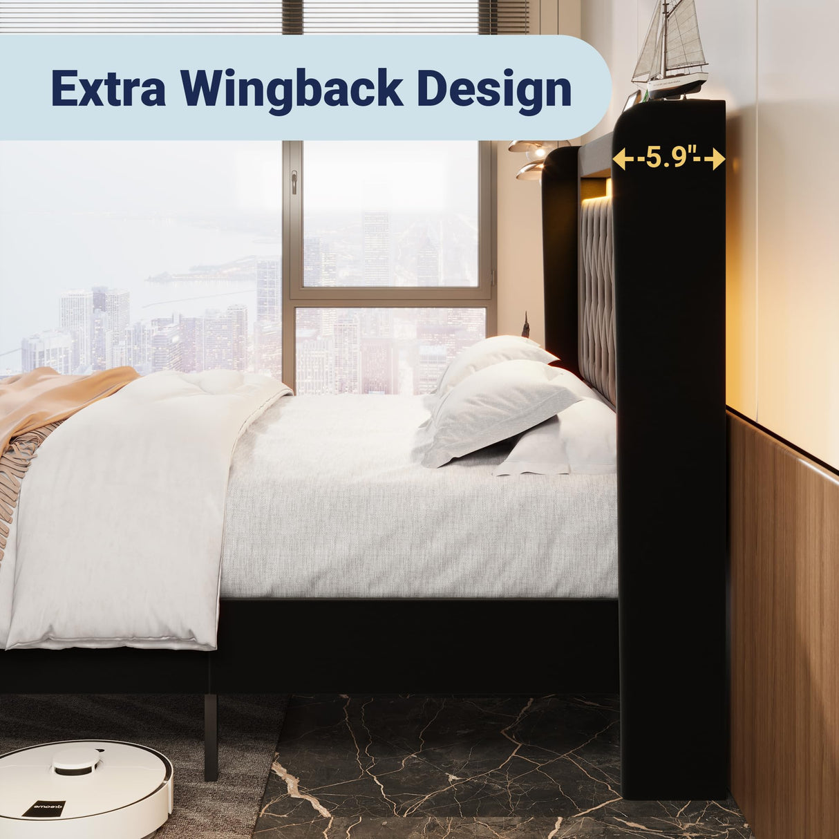 Allewie Upholstered King Size Platform Bed Frame with LED Light and Charging Station, Button Tufted High Headboard, Wingback Design, Noise Free, Easy Assembly, No Box Spring Needed, Black Allewie