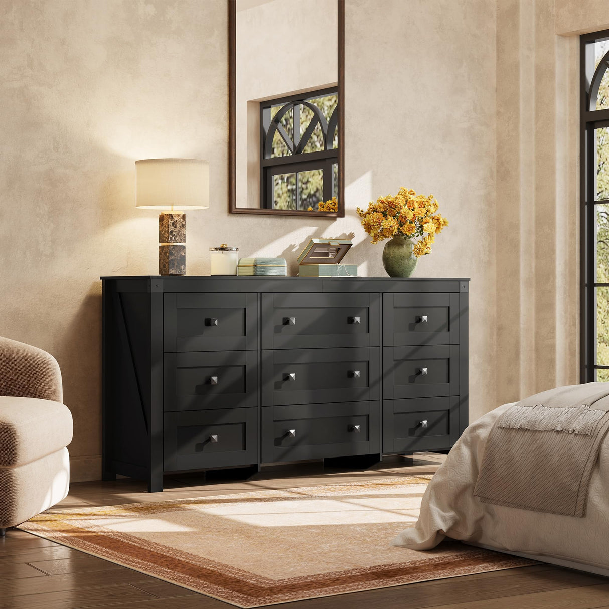 WLIVE Farmhouse 9 Drawer Dresser, 63" Wide Dresser Storage Organizer, Wood Dresser for Bedroom,TV Stand for 70 inch TV, Chest of Drawers for Living Room, Hallway, Ball Bearing Slide (Black) WLIVE