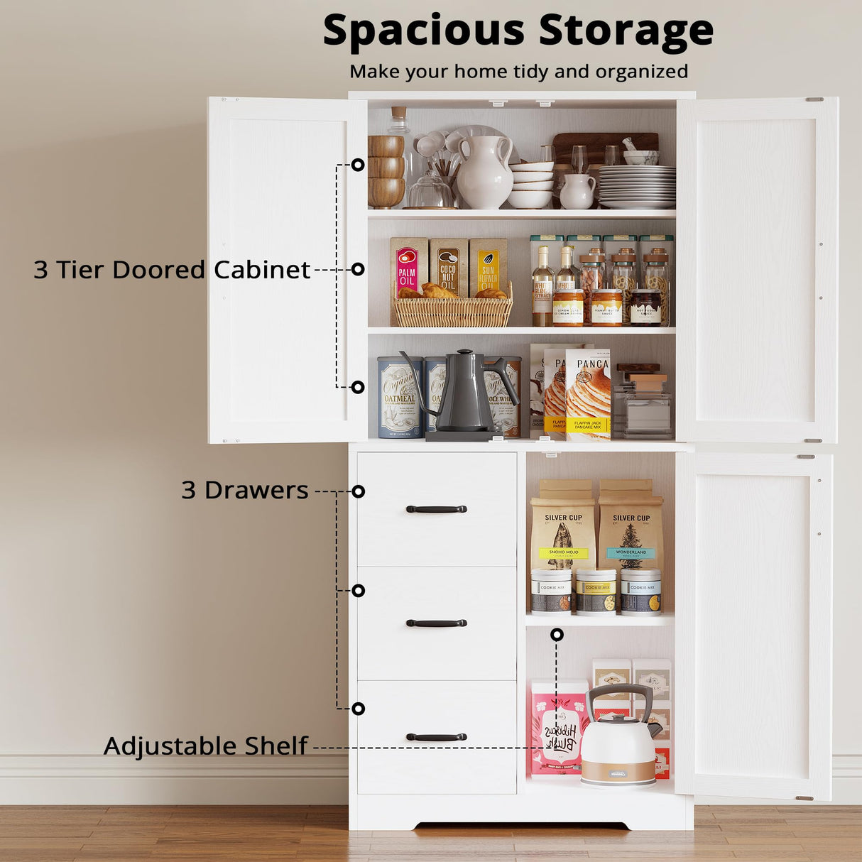 IRONCK Pantry Cabinet, 67.5 inch Tall Storage Cabinet with 3 Doors & Drawers, Farmhouse Kitchen Cabinet with Adjustable Shelves, 5 Tier Freestanding Cupboard for Kitchen IRONCK