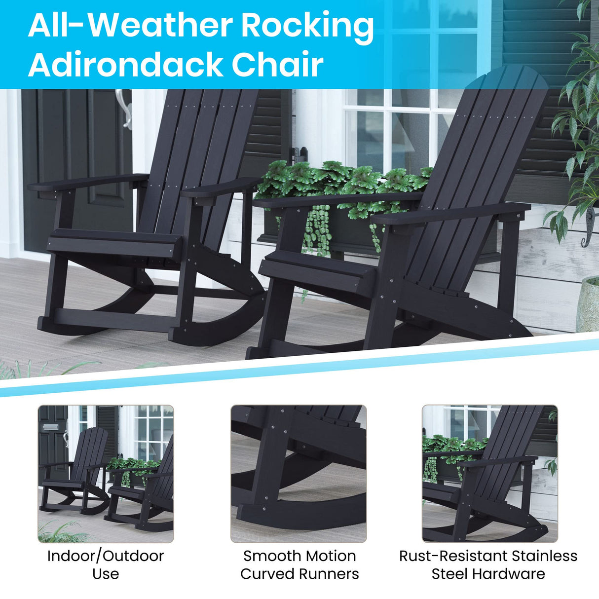 Flash Furniture Savannah Poly Resin Wood Adirondack Rocking Chair - All Weather Black Polystyrene - Stainless Steel Hardware - Set of 2 Flash Furniture