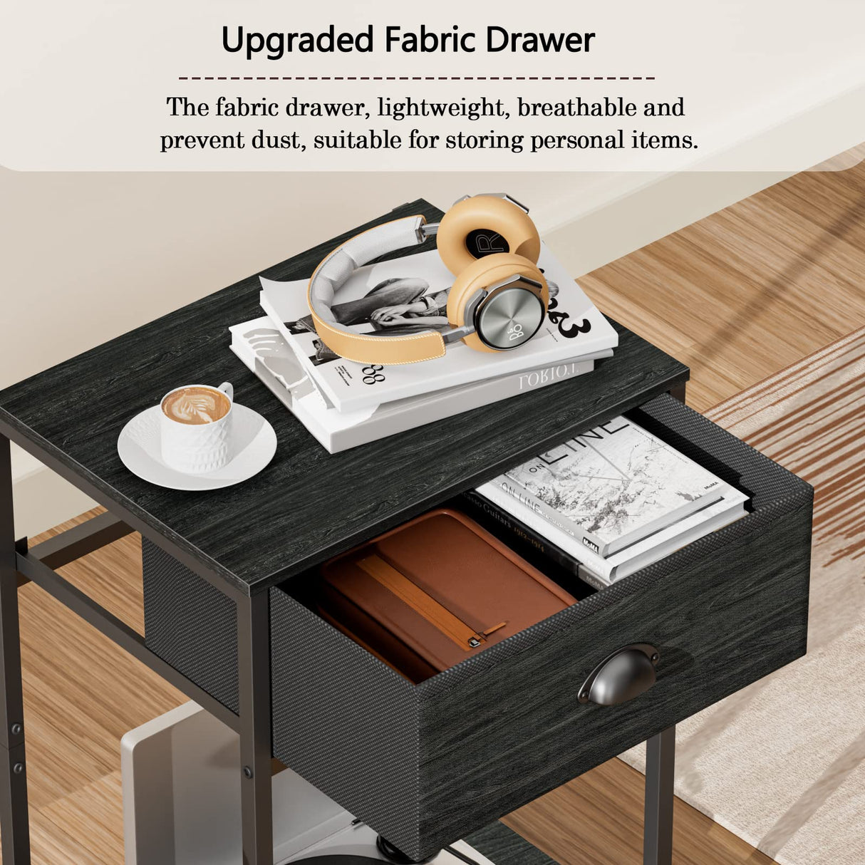 Furologee Nightstand with Fabric Drawer & Storage Shelf, Small Bedside Table Organizer for Small Space, 2 Tiers Industrial End Table, Side Table for Living Room, Bedroom, Black Oak Furologee