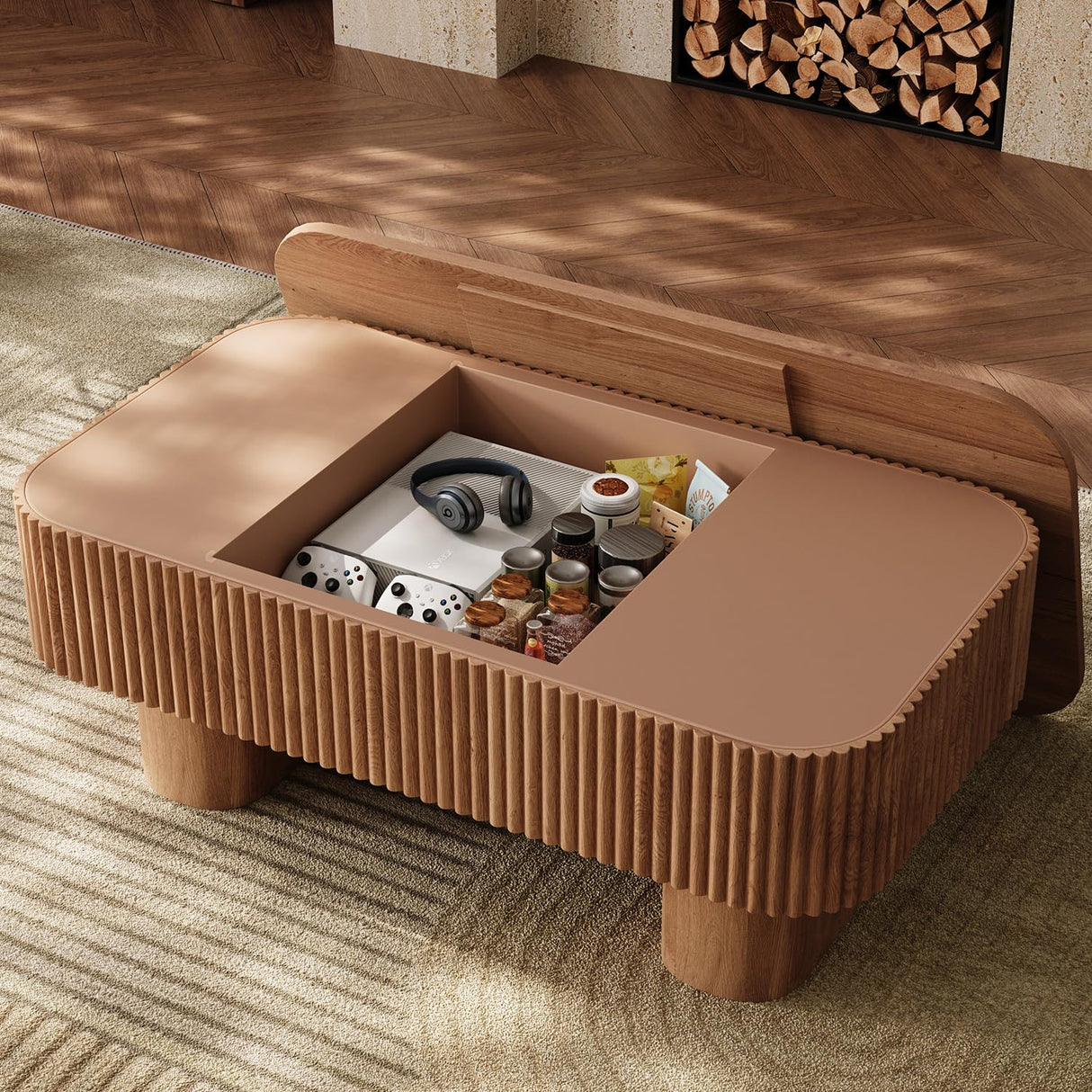 Coffee Table with Storage, 44 inch Solid Wood Coffee Table,Rustic Center Table with Hidden Storage Compartmen Mid Century Modern Tables for Living Room Home Apartment (Walnut Rophefx