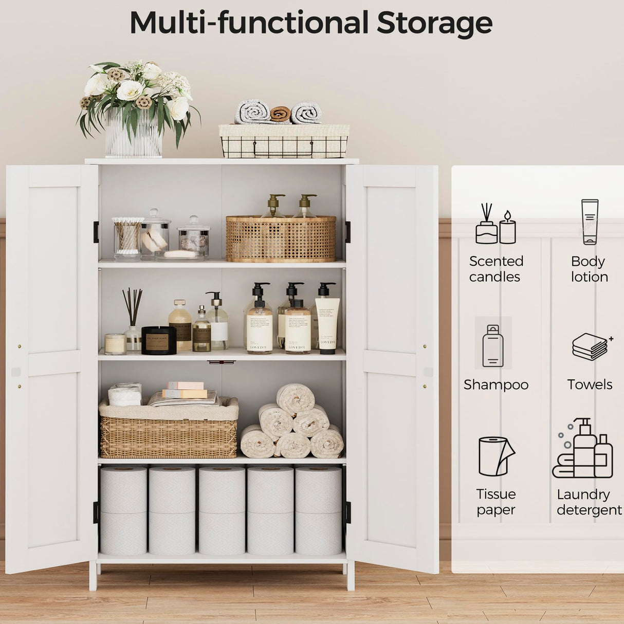 Homleke Farmhouse Bathroom Cabinet with Adjustable Shelves, Free-Standing Storage Cabinet with Barn Doors, for Kitchen, Living Room, Dining Room, Entryway, White Homleke