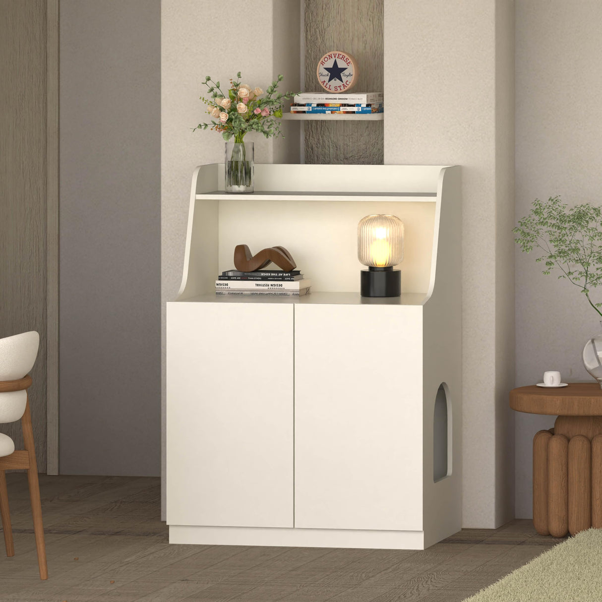 Amunrbrek Large/Tall Litter Box Enclosure, Modern Wooden Litter Box Furniture for XL Litterbox with Open Shelf as Sideboard Cabinet (White) amunrbrek