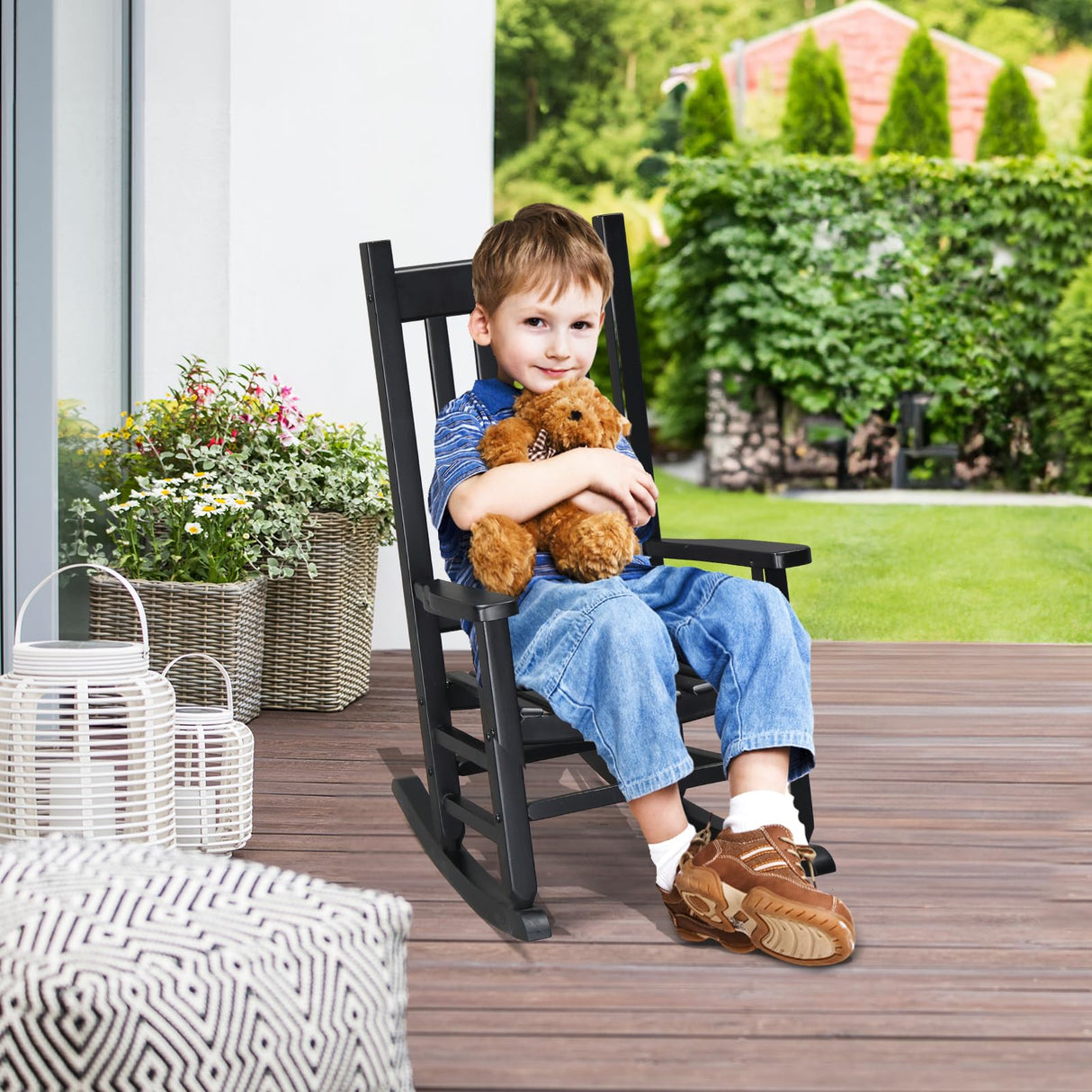 VINGLI Outdoor Child’s Rocking Chair, All Weather Wooden Rocking Chair with High Backrest, Patio Rocker for Garden, Yard, Balcony, Wooden Rocker for 3-9 Years Old, Black VINGLI