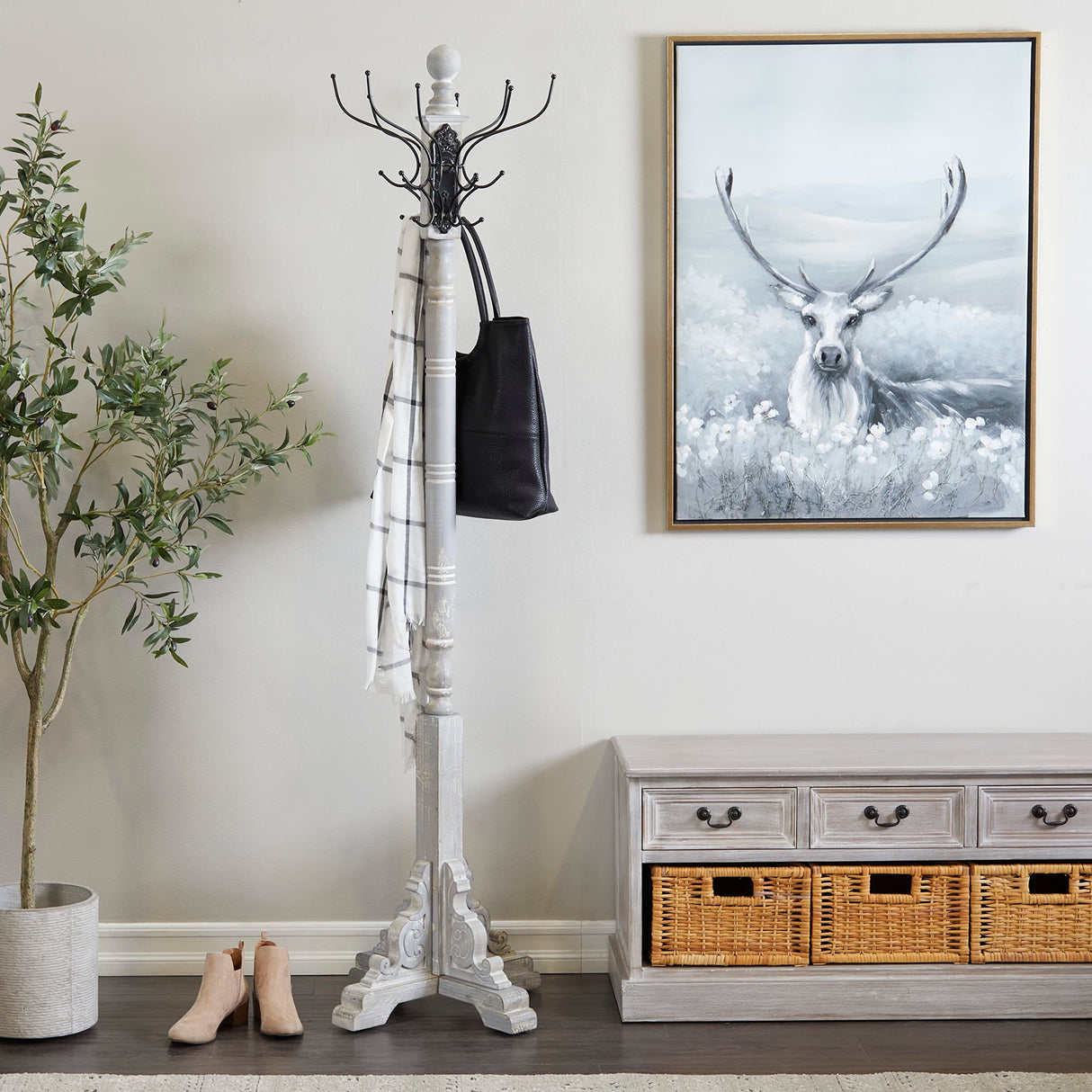 Deco 79 Wood Vintage Style 12 Hook Coat Rack, 19" x 19" x 74", Gray Deco 79