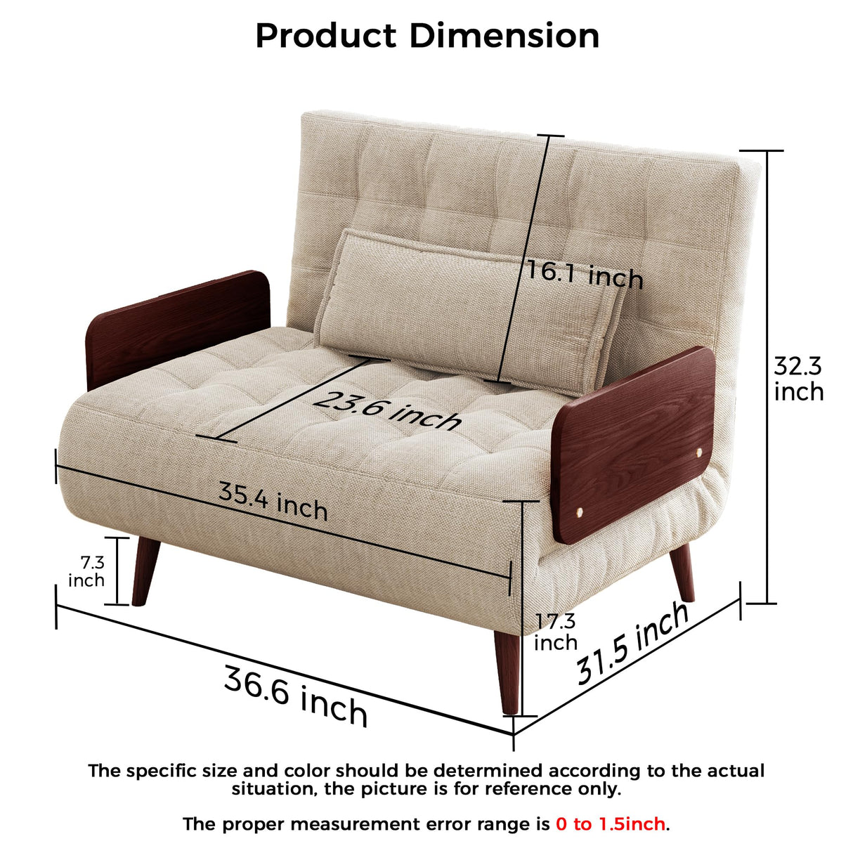 JASIWAY 3-in-1 Convertible Chair Bed Sleeper for Adults, Linen Convertable Sleeper Chair with Wooden Arms & Pillows, Foldable Single Futon Sofa Bed (Mid Century with Walnut Arm, 36.6" Wide) JASIWAY