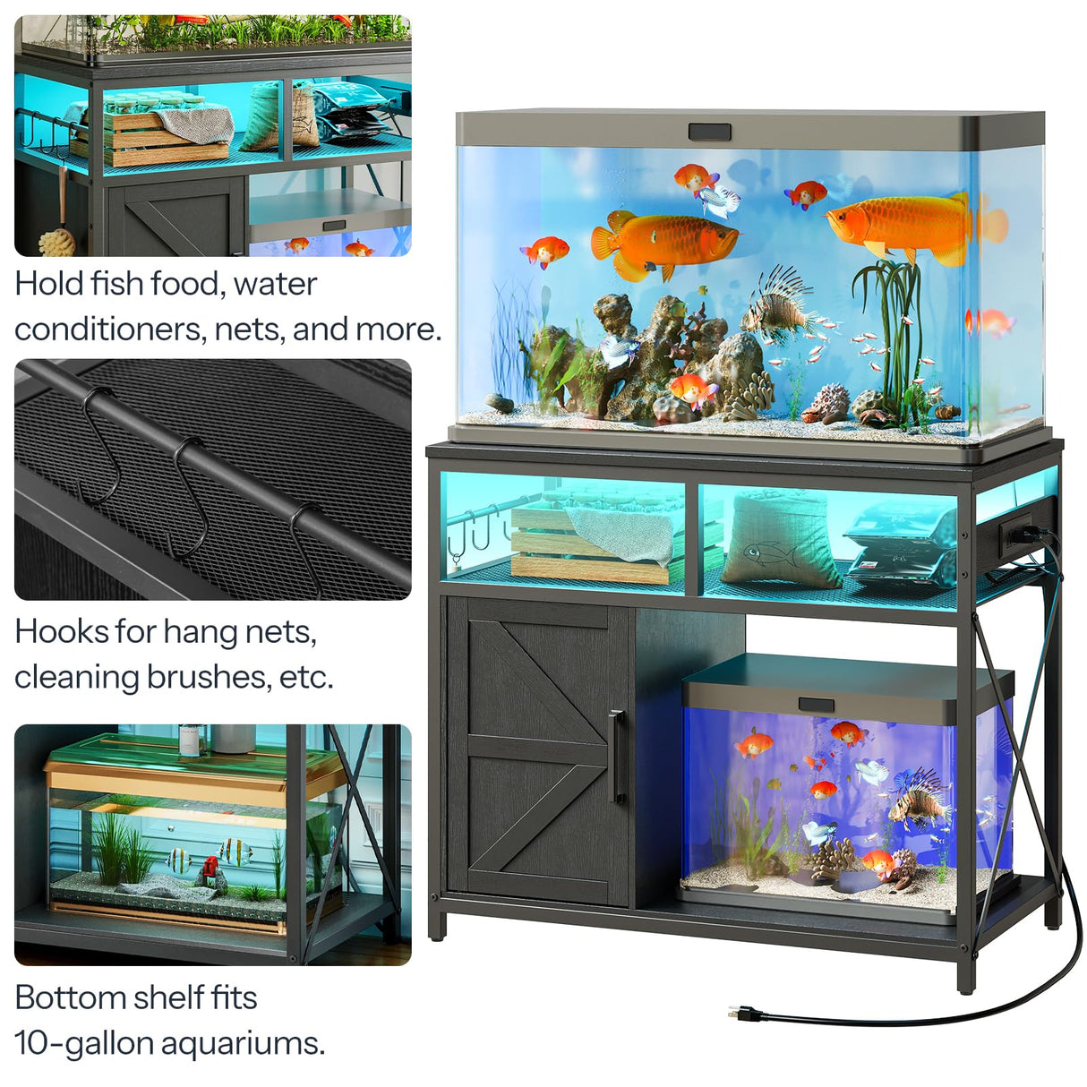 HOOBRO 40-50 Gallon Fish Tank Stand with Power Outlet and LED Light, Metal Frame Aquarium Stand with Cabinet Storage, for Reptile Turtle Tank, 440 LBS Capacity, 36.6'' L x 18.9'' W, Black BB93UDFT01 HOOBRO