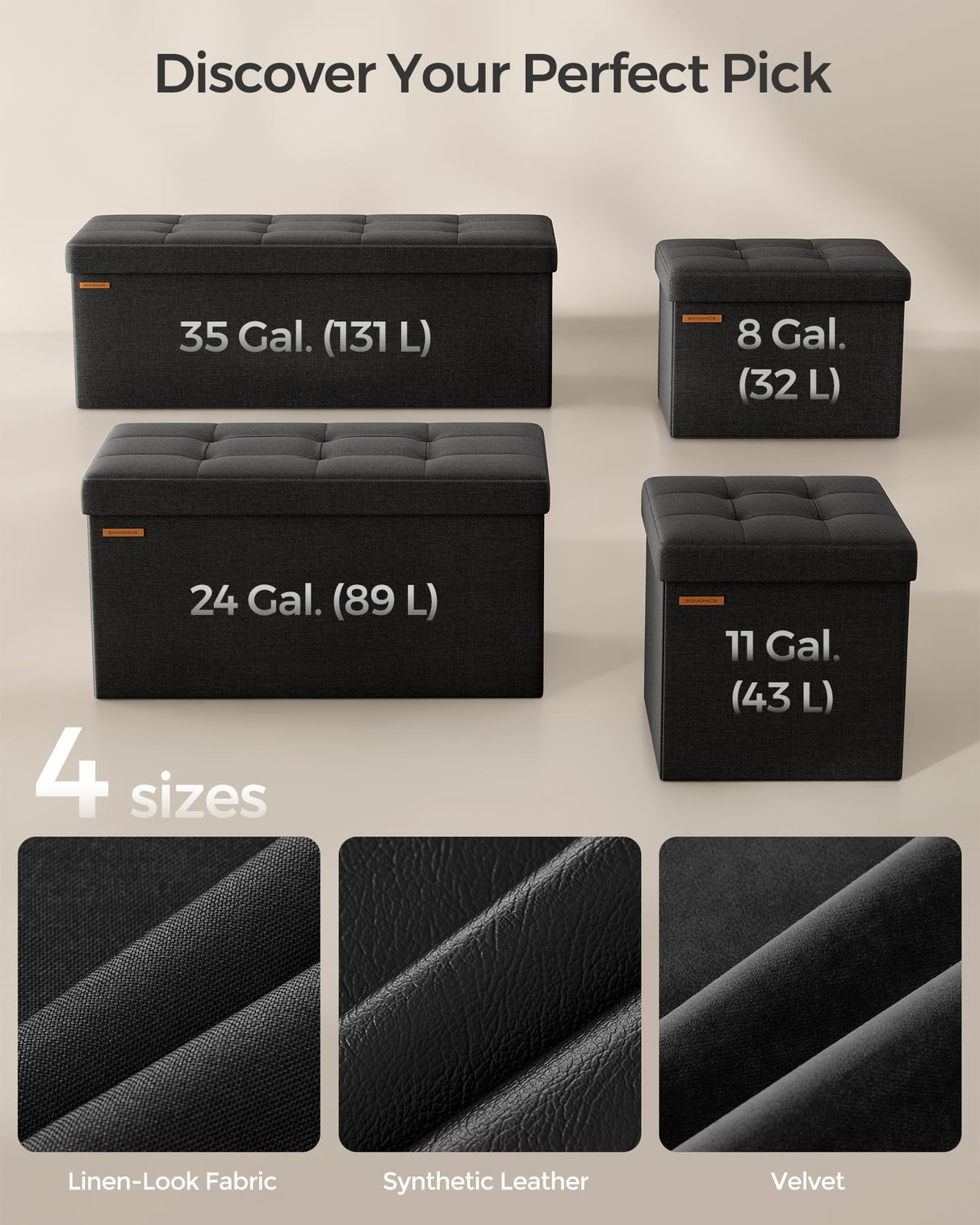 SONGMICS MAZIE Collection - 43 Inches Folding Storage Ottoman Bench, Ottoman Foot Rest, End of Bed Bench, Storage Chest, Load 660 lb, for Living Room, Bedroom, Entryway, Ink Black ULSF077B01 SONGMICS