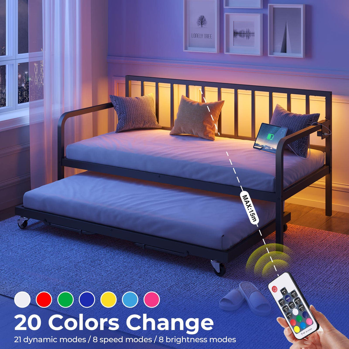 Rolanstar Daybed with Charging Station and LED Lights, Height Adjustable Twin Daybed with Trundle, Metal Sofa Bed Frame with Steel Slat Support for Living Room, Bedroom and Guest Room, Black Rolanstar