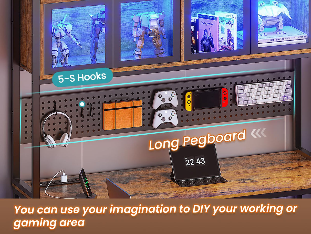 SEDETA L Shaped Gaming Desk with Drawers, L Shaped Computer Desk with Hutch and Storage Shelves, Gaming Desk with Pegboard, Led Lights, and Power Outlet, Home Office Desk, Corner Desk, Rustic Brown SEDETA