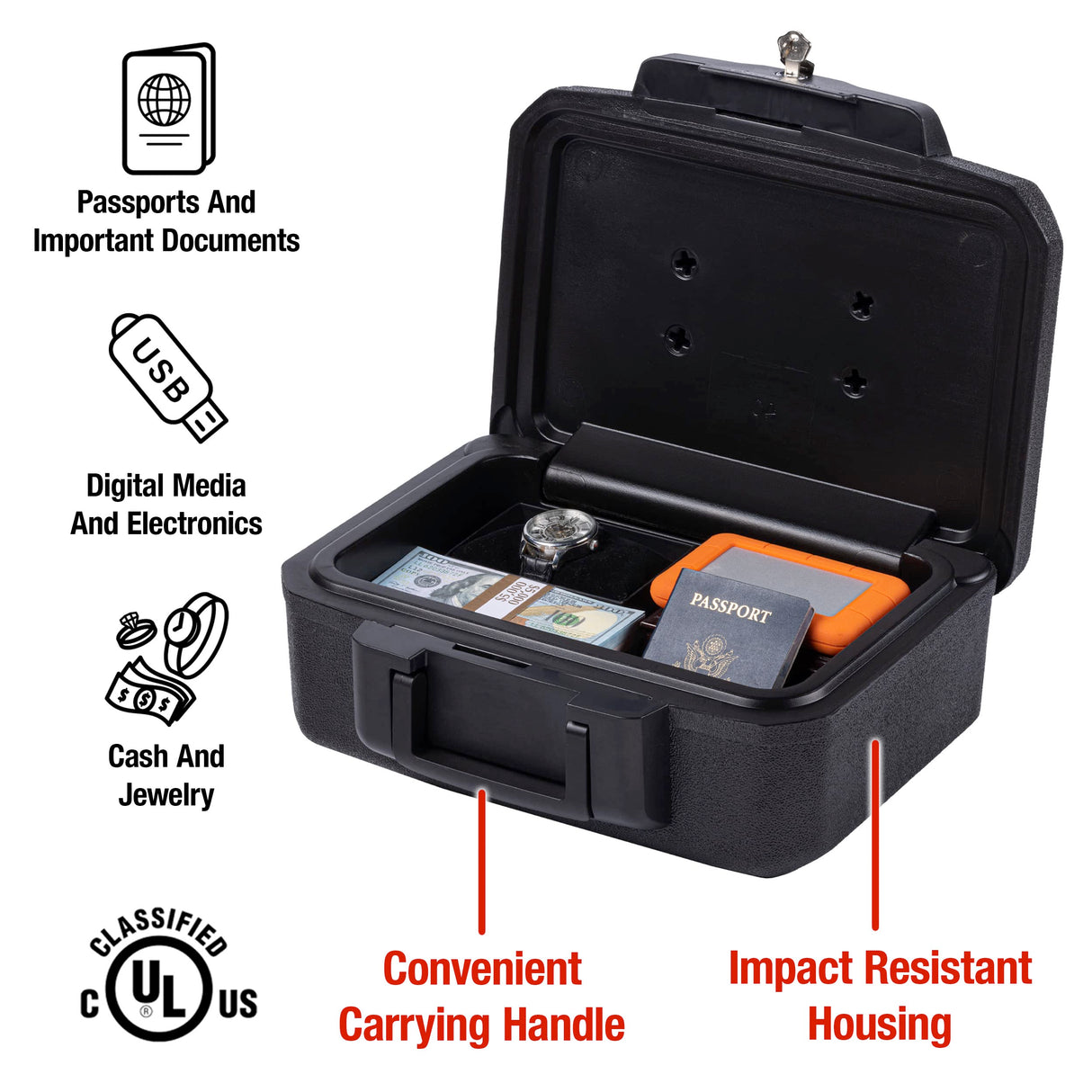 SentrySafe Fireproof Money Safe with Key Lock, Black Lock Box with Portable Carrying Handle for Travel, Exterior: 14.3 in. W x 11.2 in. D x 6.1 in H, 1200 SentrySafe