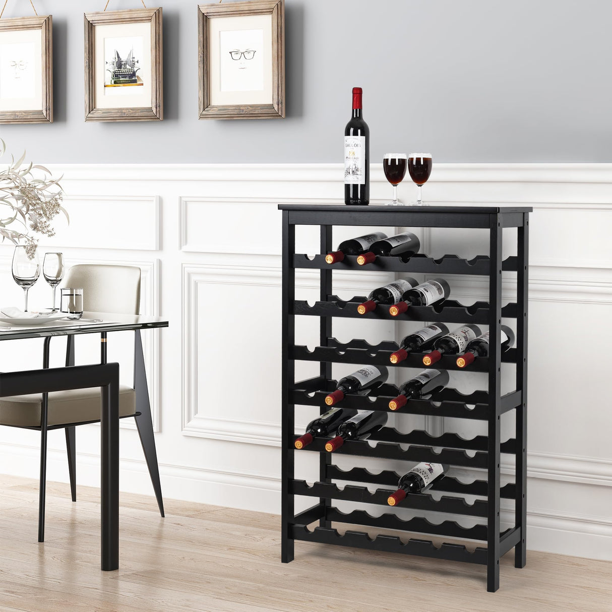 VASMIA 42 Bottles Bamboo Wine Rack,7-Tier Wine Rack Freestanding Floor with Table Top, Wine Storage Shelf for Kitchen Dining Room Bar,Black VASMIA