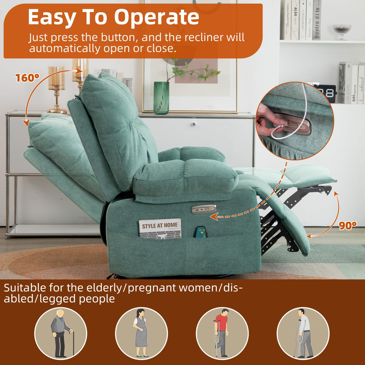 DYHOME Rocking Recliner Chair, Green Swivel Massage Rocker Recliner Chair with Heated, Electric Recliner Chairs for Adults, Modern Lazy Boy Single Lounge Sofa for Living Room,Bedroom, Nursery DYHOME