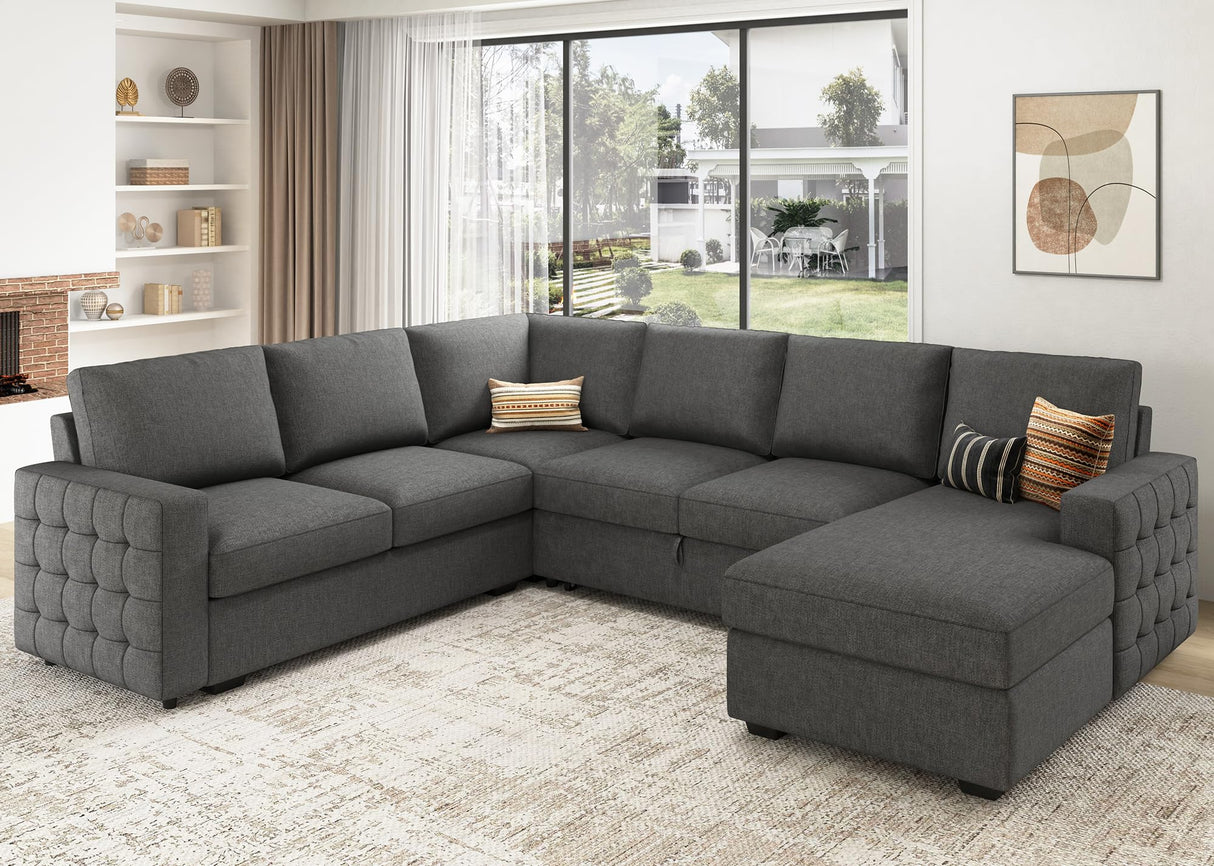 HONBAY Sectional Sleeper Sofa with Pull Out Bed U-Shape Sectional Couch Sleeper Bed with Storage Chaise 6 Seater Sleeper Sectional Sofa Bed, Light Grey HONBAY