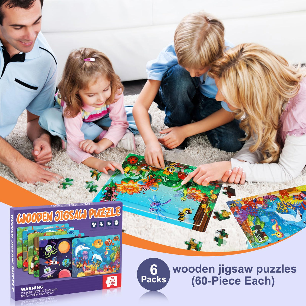 Roberly Wooden Puzzles for Kids Ages 4-8, 60 Pieces Jigsaw Puzzles for Kids 3 4 5 6 7 8 Preschool Learning Educational Puzzle Toys Set for Boys Girls - Dinosaur, Ocean, Animal, Insect, Space, Vehicles Roberly