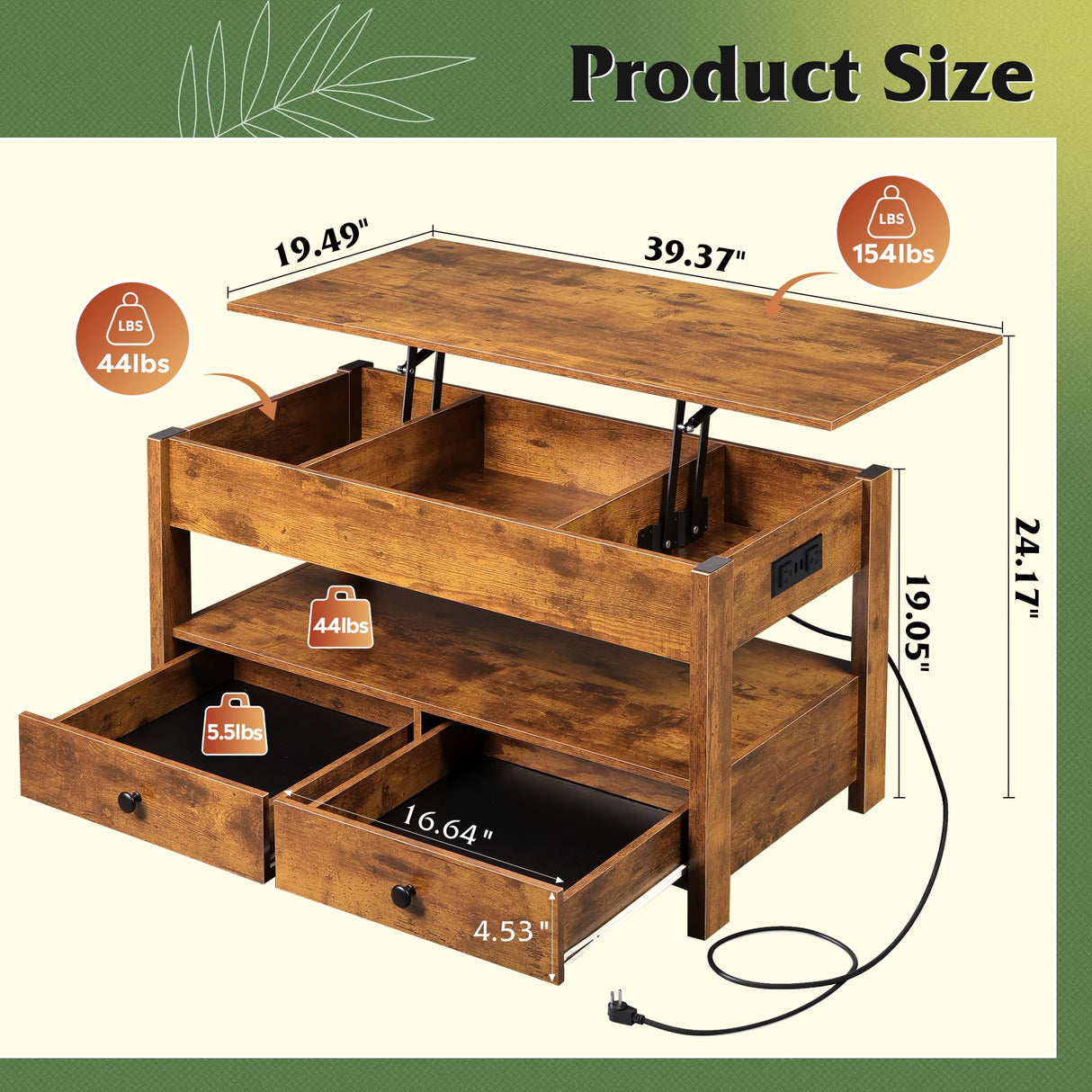 WLIVE Coffee Table, Lift Top Coffee Table with 2 Drawers, LED Light, Large Hidden Compartment and Open Shelf, Lift Tabletop, Dining Table for Living Room, Rustic Brown WLIVE