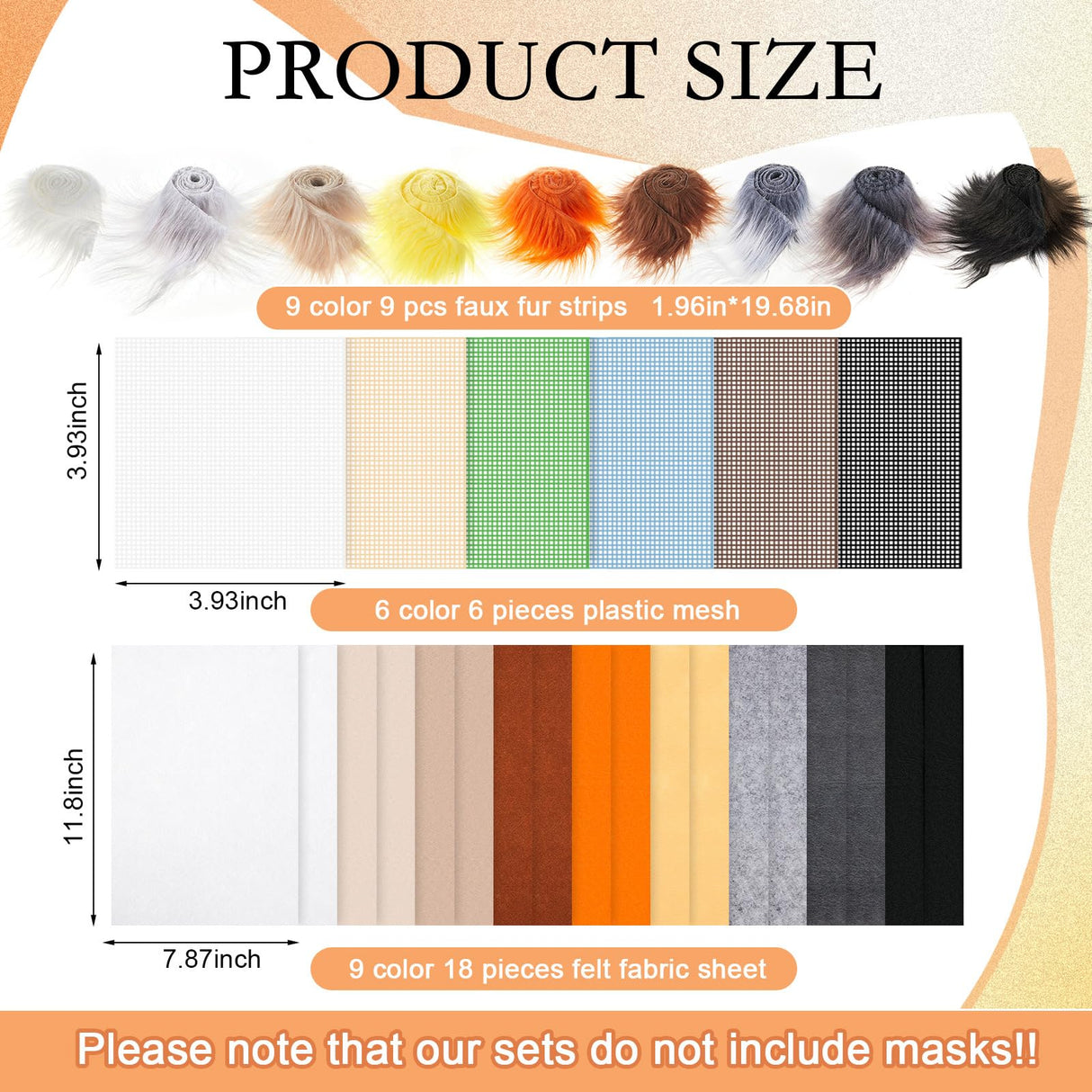 Seenelling 33 Pcs DIY Therian Mask Material Kit Including Felt Fabric Sheet Faux Fur Strips and Plastic Eye Mesh Sheets (No Mask) (Multicolor) Seenelling
