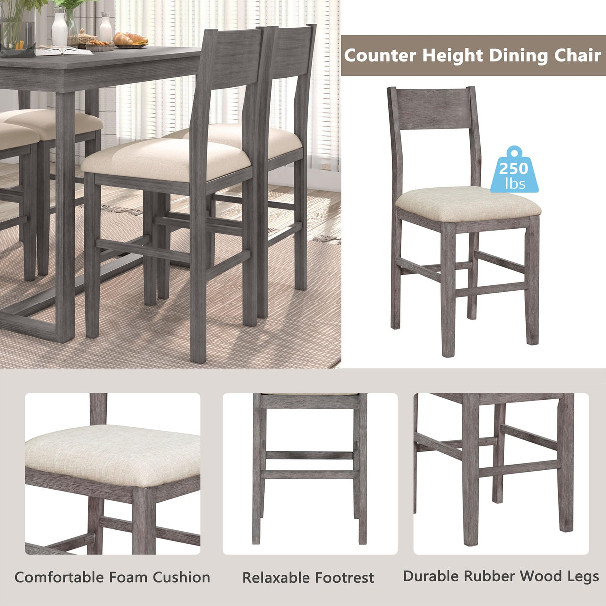 LUMISOL 5-Piece Grey Farmhouse Counter Height Dining Set with Upholstered Chairs LUMISOL