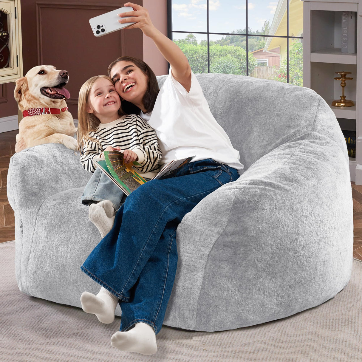 Homguava Beanbag Chair Bean Bag Chairs for Adults Bean Bags Giant Bean Bag Sofa with Spacious Cushion Bean Bag Couch with Armrest Large Bean Bag Chair with Filler for Living Room Bedroom (Light Grey) Homguava