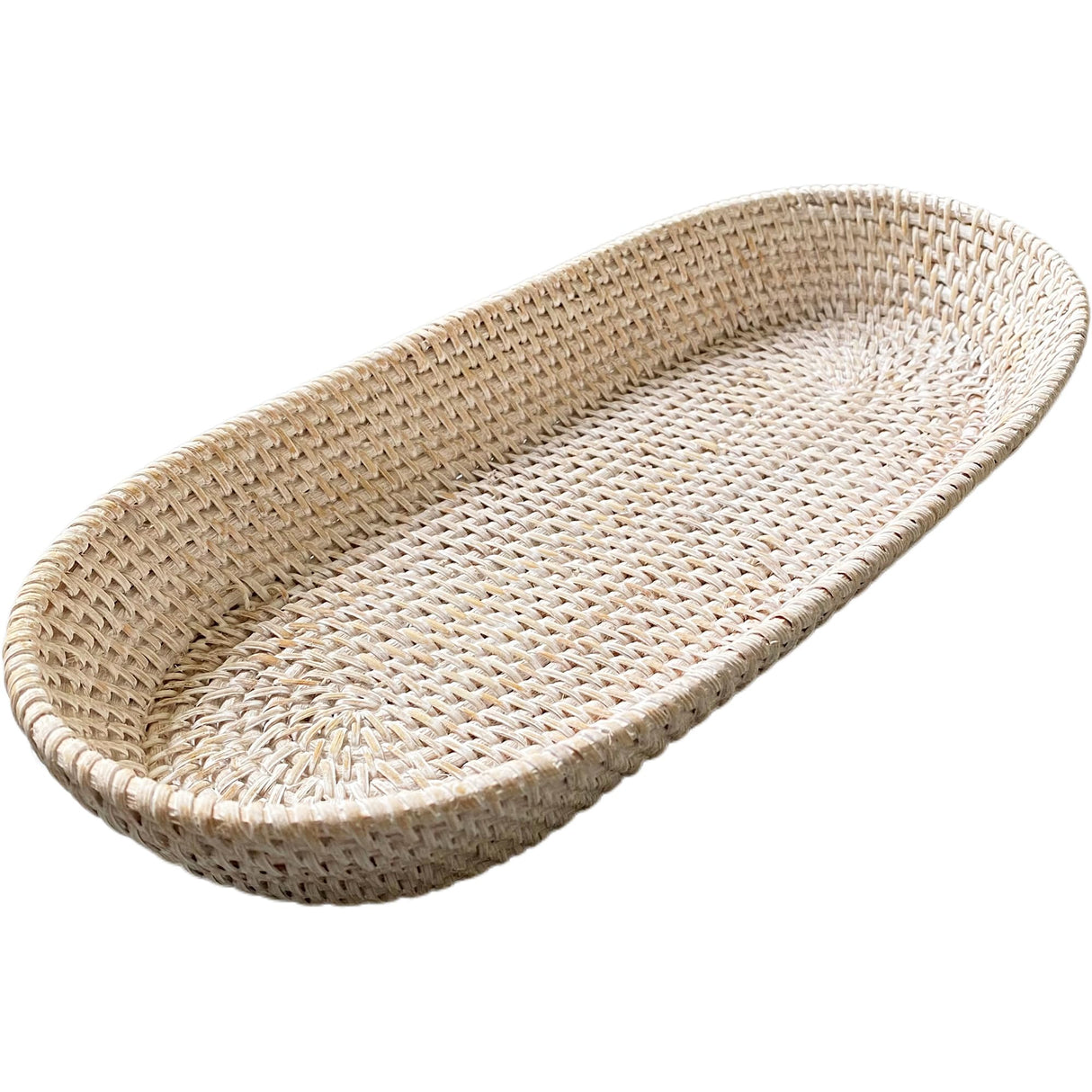 i-lan 17 Inch Long Narrow Oval Serving Basket, Boho Handmade Rattan Bowl Basket with 2 Inch Side,Decorative Loaf,Bread,Rolls,Fruit,Snack Flat Basket Wicker Tray for Serving, Wash White i-lan