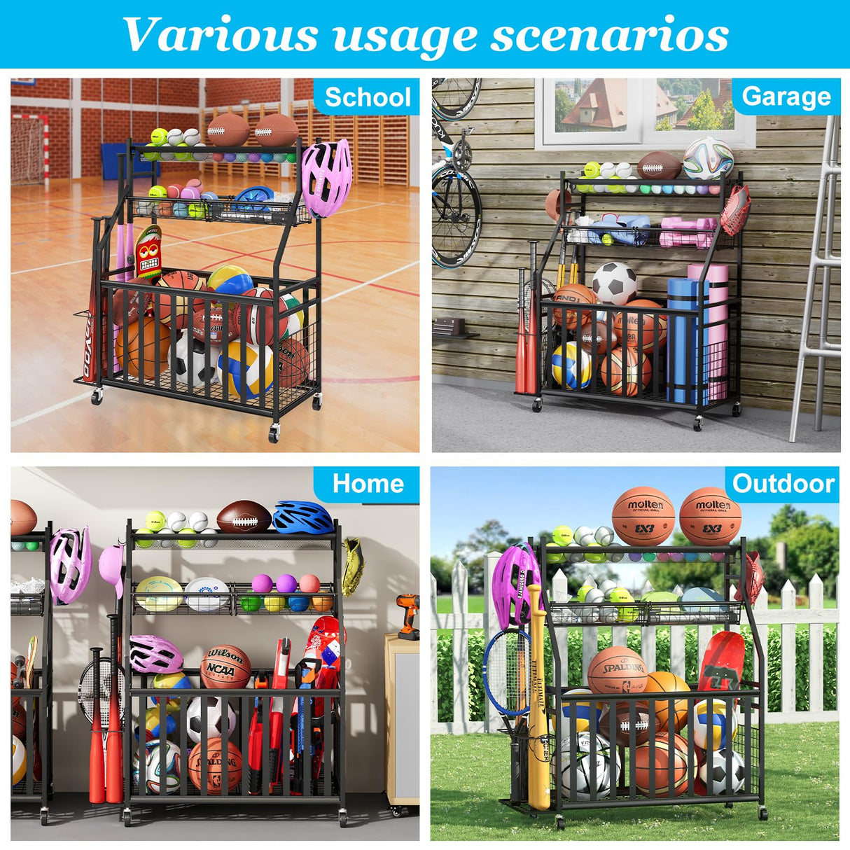 Jsskeeim Garage Sports Equipment Organizer,Sports Ball Organizer with Wheels,Mesh Pocket, Basket,Ball Organizer with Baseball Bat Rack and HooksToy Storage Rolling Cart-Black Jsskeeim