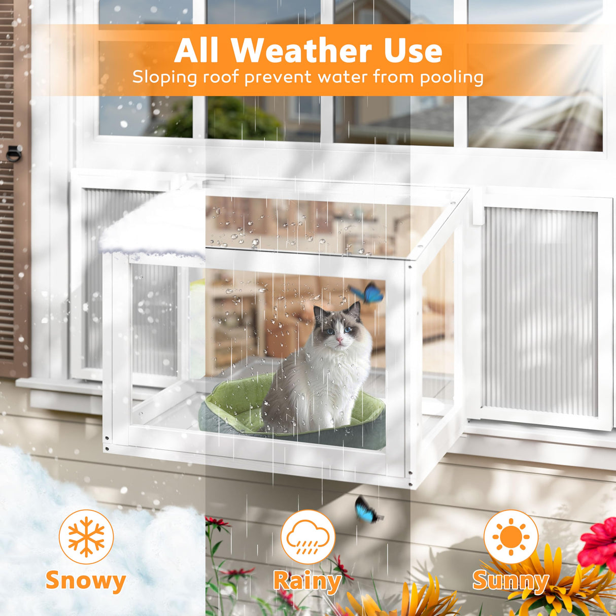 Yardenaler Cat Window Box, Adjustable Window Cat Perch Catio, Wooden Window Catio for Indoor Cats, Fits Vertical Window Frames 26" to 42" Wide, Sunbathing, Napping, Overlooking, White Yardenaler