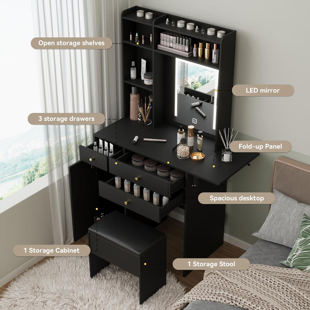 ARTETHYS Vanity Desk with Mirror and Lights Black Vanity Set with Storage Chair Dressing Table with Drawer Makeup Desk with Fold-up Panel for Bedroom ARTETHYS