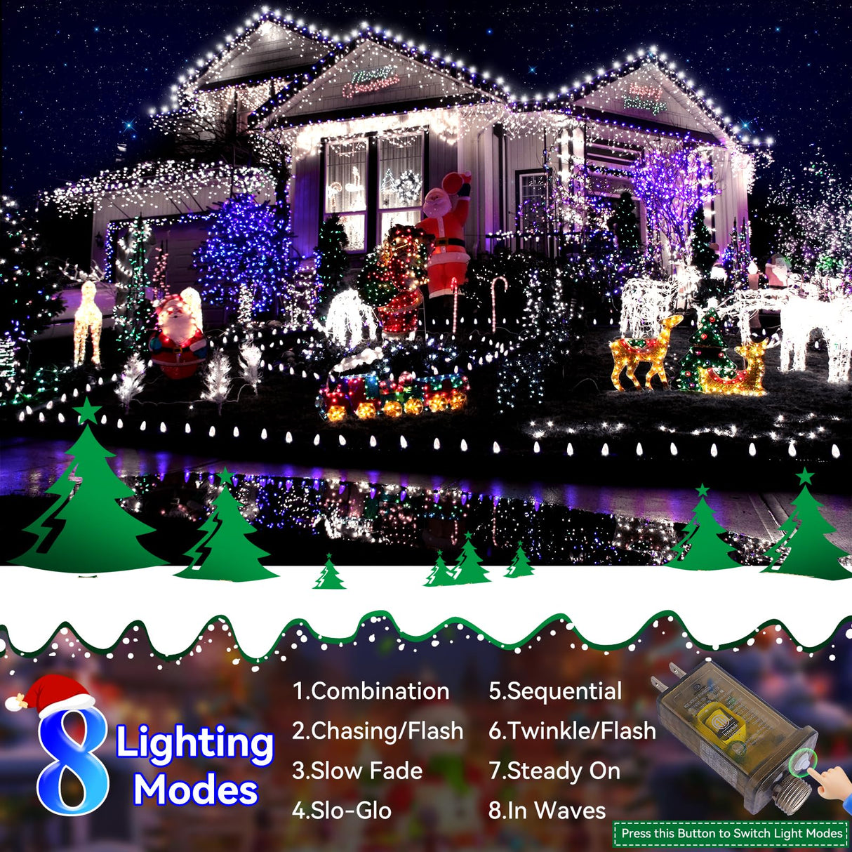 Heceltt Christmas Lights Outdoor, 394FT 1000LED Christmas Lights with 8 Modes and Timer Memory Function Christmas String Lights Waterproof Plug in for Xmas Tree Wedding Party Holiday Decor Heceltt