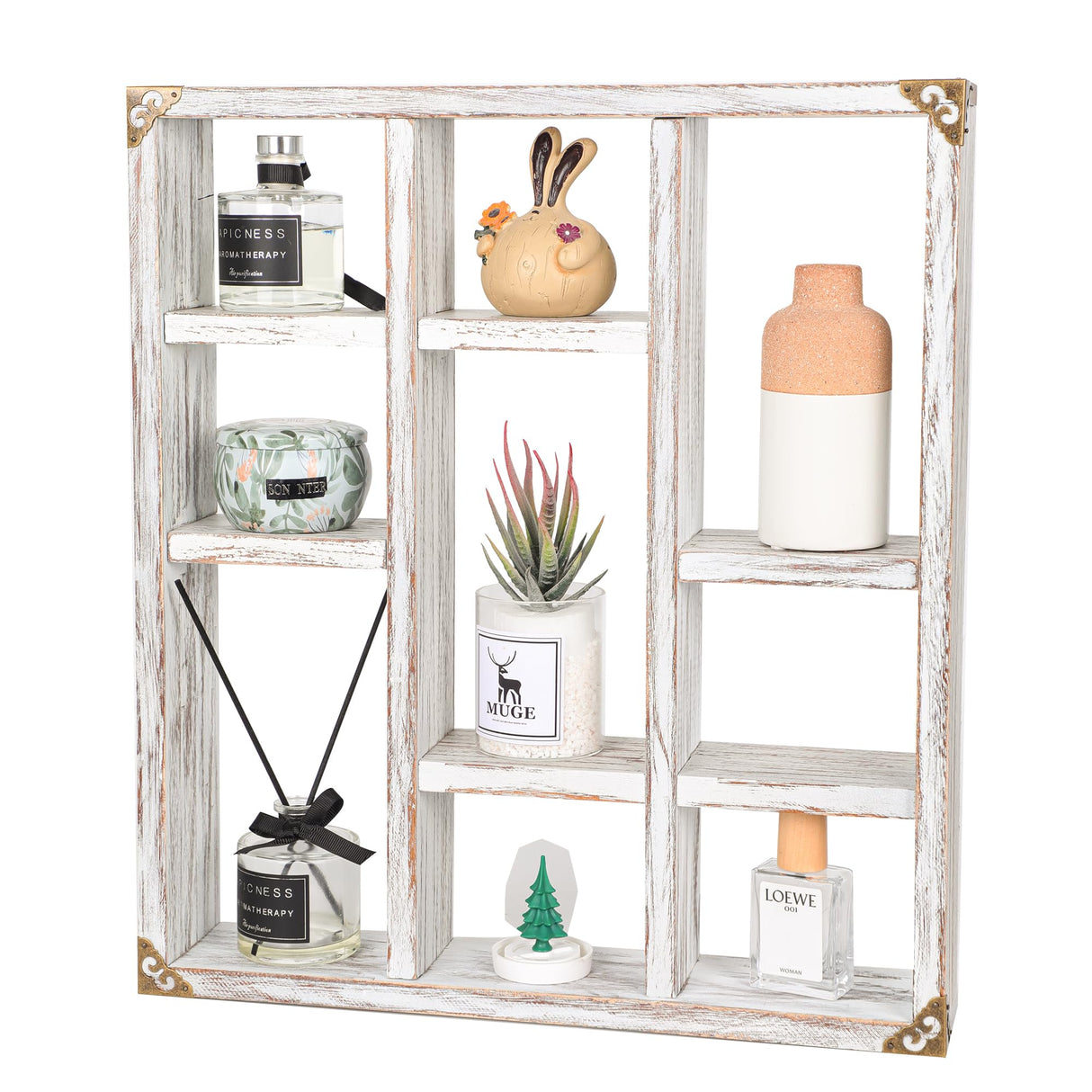 MITREL 17.7x15.7-Inch Shadow Box Shelf 9-Slot Rustic Floating Shelves Larger Wall Mounted Shelf Lightweight Solid Wood Display Shelf Freestanding Farmhouse(9C-Rustic White) MITREL