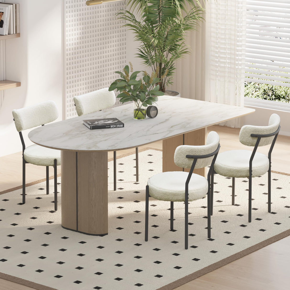 Orweiin Boucle Dining Chairs Set of 4, Upholstered Dining Chairs with Curved Backrest, Round Modern Dining Chair with Black Metal Legs for Dining Room, Vanity, White Orweiin