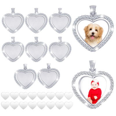Hicarer 24 Pcs Sublimation Rhinestone Trays Pendant Set Including 8 Heart Shape Double Sided Blank Pendant Charms with 16 Sublimation Blank Discs for Necklaces Chains Jewelry Making Charms (White K)